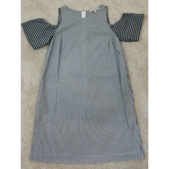 Ann Taylor LOFT~Dress 6~Gray Mixed Stripe Cotton Poplin Cold-Shoulder Mini Shift - Picture 3 of 12